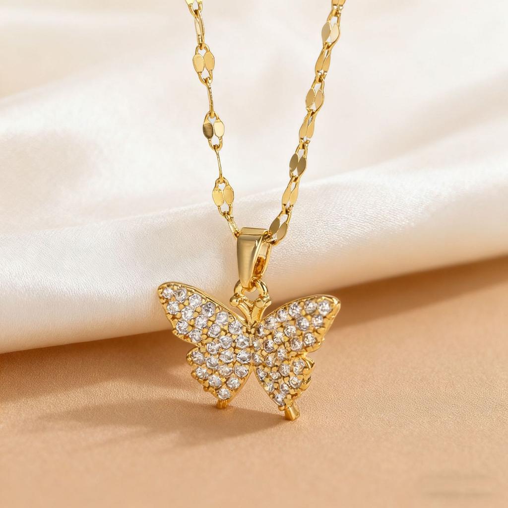 New Full‑Zircon Butterfly Women Necklace, High‑Finish Light‑Luxury Butterfly‑Motif Collarbone Chain