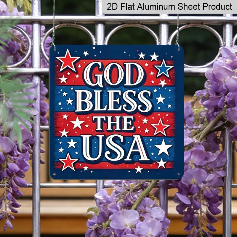2D Flat 1pc Patriotic "God Bless The USA" Aluminum Plaque, Weatherproof Hanging Metal Sign with Stars, Rustic Americana Wall Decor for Home Porch