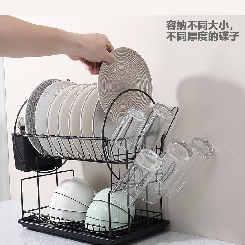 2 Tier Dish Drying Rack Drain Board Set Tableware Drainer Kitchen Countertop Storage  Space Saving Organizer for Countertop