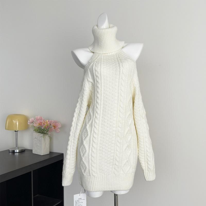 Autumn Winter Personalized Off-Shoulder High Neck Knit Dress - Loose Long Sleeve Bodycon Skirt for Women Medium белый