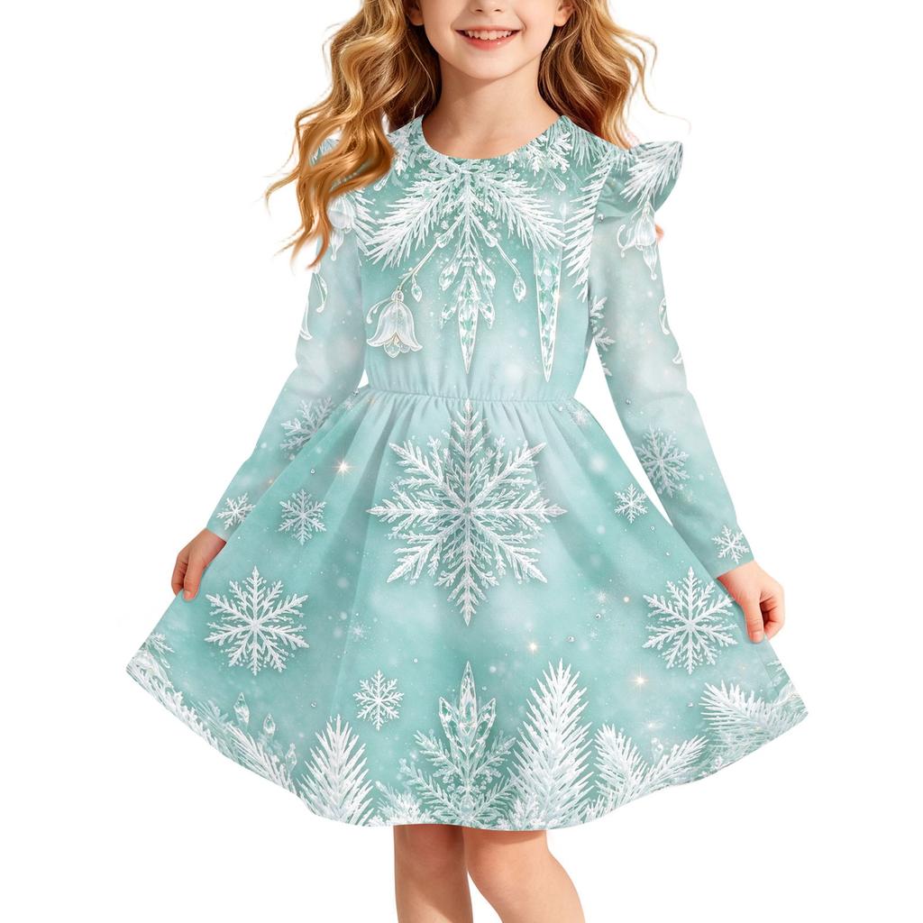 Girls' Christmas Print Long Sleeve Dress with Sleeves for Holiday Party