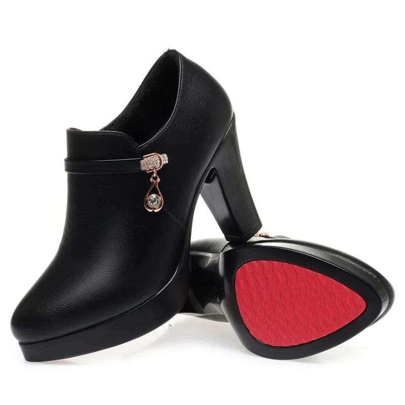 Comfortable Fashion Deep Mouth Soft Leather Women's Platform Shoes 2025 Fall Med Block Heels Single Shoes for Office Mom