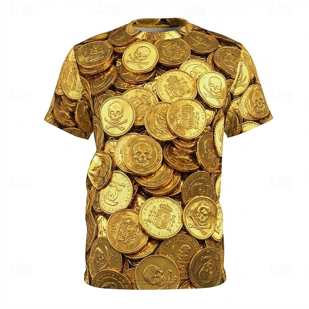 

Mens 3D Gold Coin T Shirt Skull and Crossbones All Over Print Graphic Tee Golden Treasure Money Design Short Sleeve Top Clothing XL