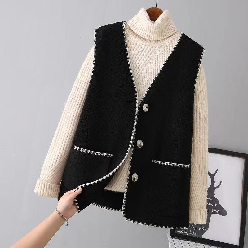 Vests New Spring Autumn Women Button Waistcoat Lamb Hair Winter Thermal Warm Thick Fleece Vests Sleeveless Jacket Ladies Coats