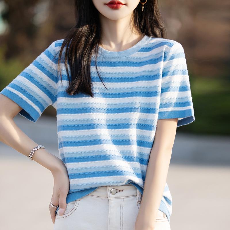 

2024 Ранняя осень Женская хлопковая футболка-свитер в полоску с цветными блоками XXL синий
