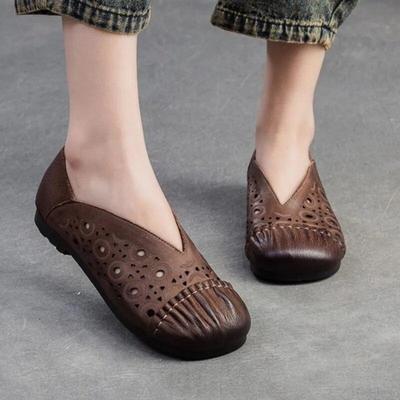 Retro Genuine Leather Hollow-out Breathable Flat Shoes Round Toe Casual Women's Slip-on Shoes