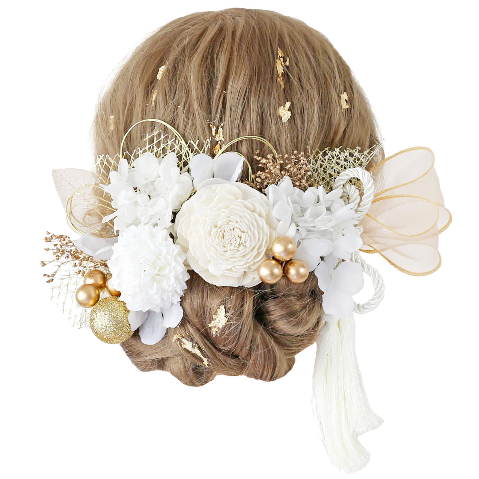 

Bud Flower Hair Natural Ribbon Dried Mizuhiki and Gold Perfect for and and Kimono Ornament, Tassel, Flowers, Leaf, Coming-of-Age Ceremonies, белый