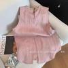Women Pink Sleeveless Two-Piece Set Pearl Trim Blouse And Pants For Daily Wear