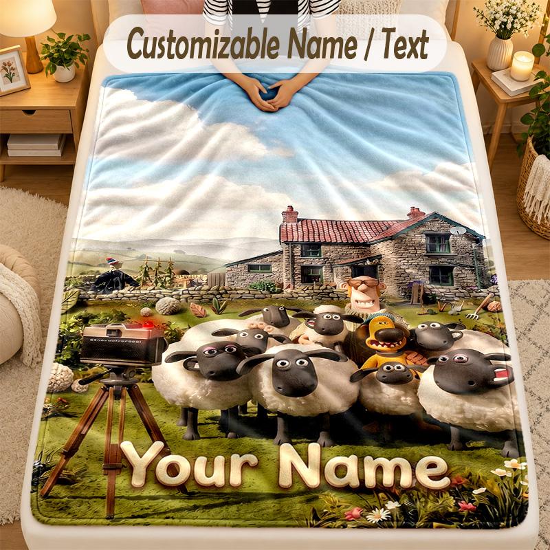 Flannel BlanketShaun the Sheep Custom Name Text Personalized Soft Warm Throw Blanket Home Decor Gift