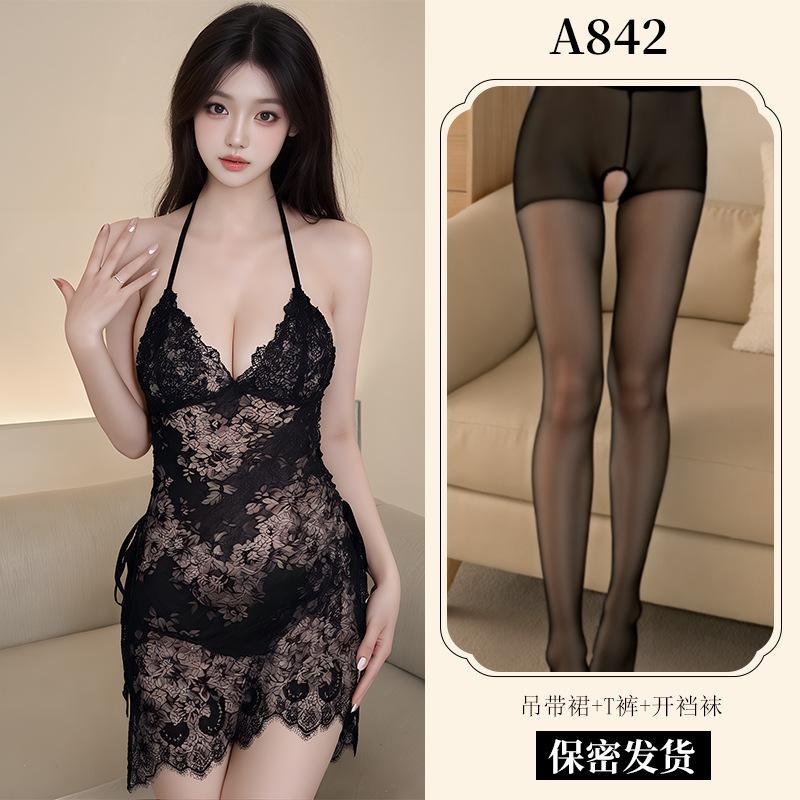New Sexy Underwear Women's Sexy Lace Suspender Skirt Lace-up Nightdress Uniform Temptation European and American Pajamas A