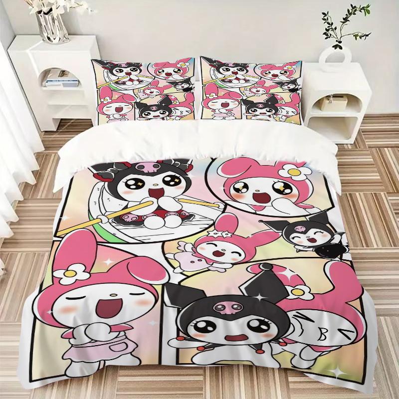 3pcs Kuromi & My Melody Sanrio Bedding Set, Including 1 Quilt Cover and 2 Pillow Shams, Without Filling, Soft and Comfortable Home Bedroom W050