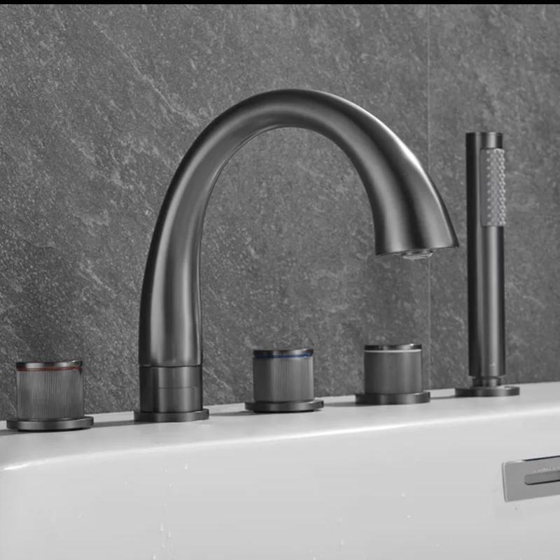 TLXT Gunmetal Grey Deck Mounted Bathtub Faucet Set