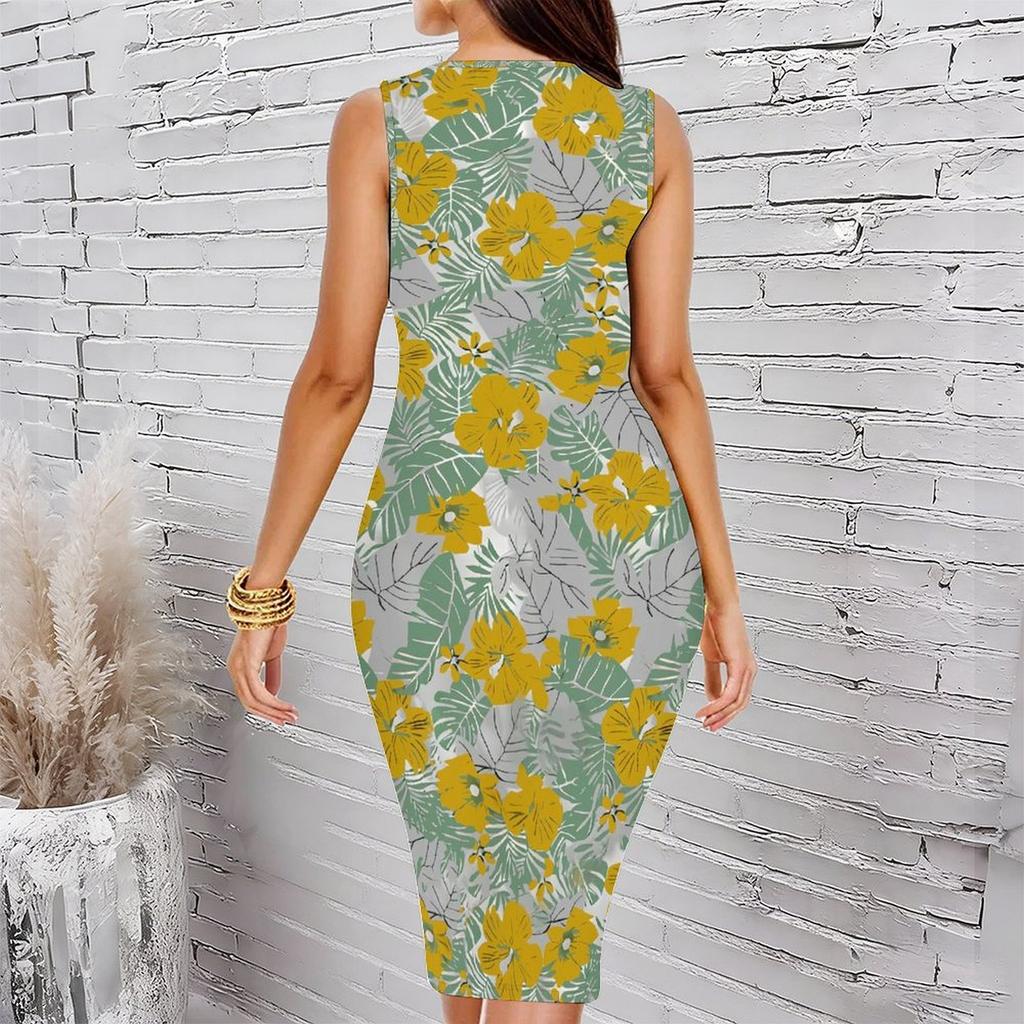 Women Plus Size Sleeveless Round Neck Midi Bodycon Dress Elegant Hanging Floral Print Blue Slim Fit Dress