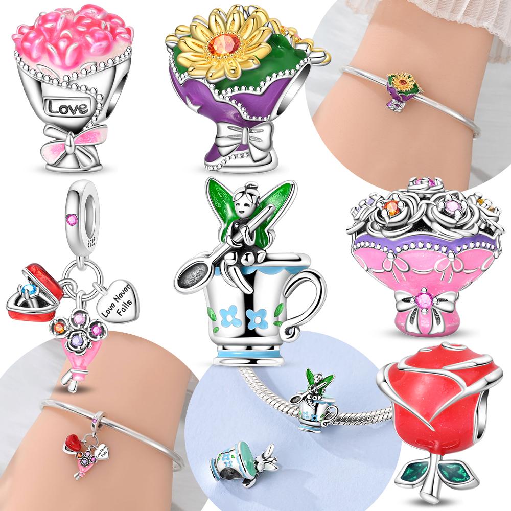 Anniversary Original Copper Pink Roses Sunflowers Tulips Flower Spirit Charms Beads Fit Bracelet Women Diy Fine Gift Jewelry