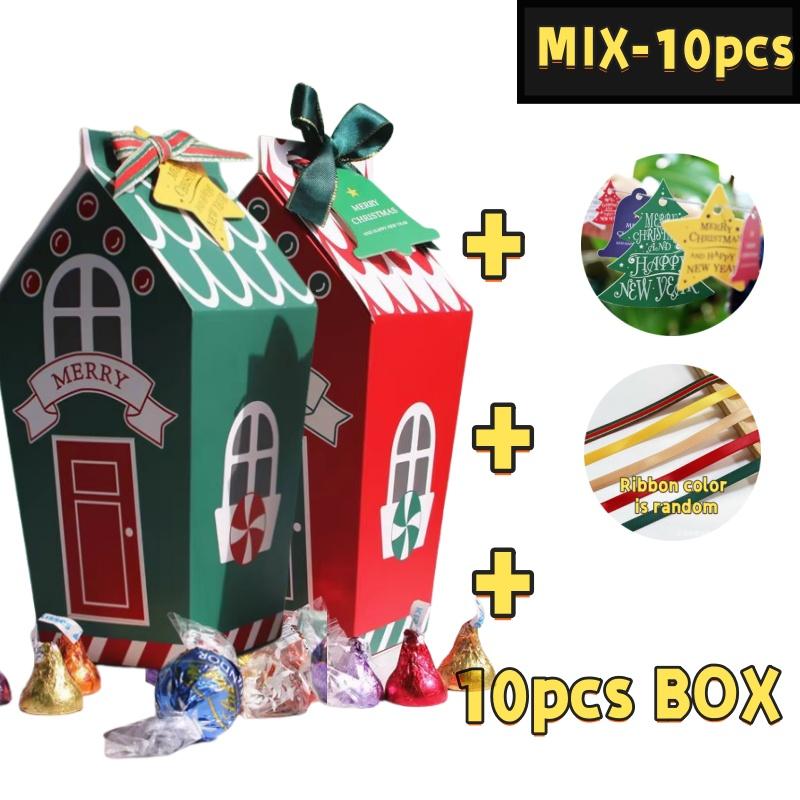 5/10Pcs Christmas Kraft Paper Gift Bags Sweets Candy Box Food Cookies Packing Xmas with Ribbons Cards Package Party Decoration