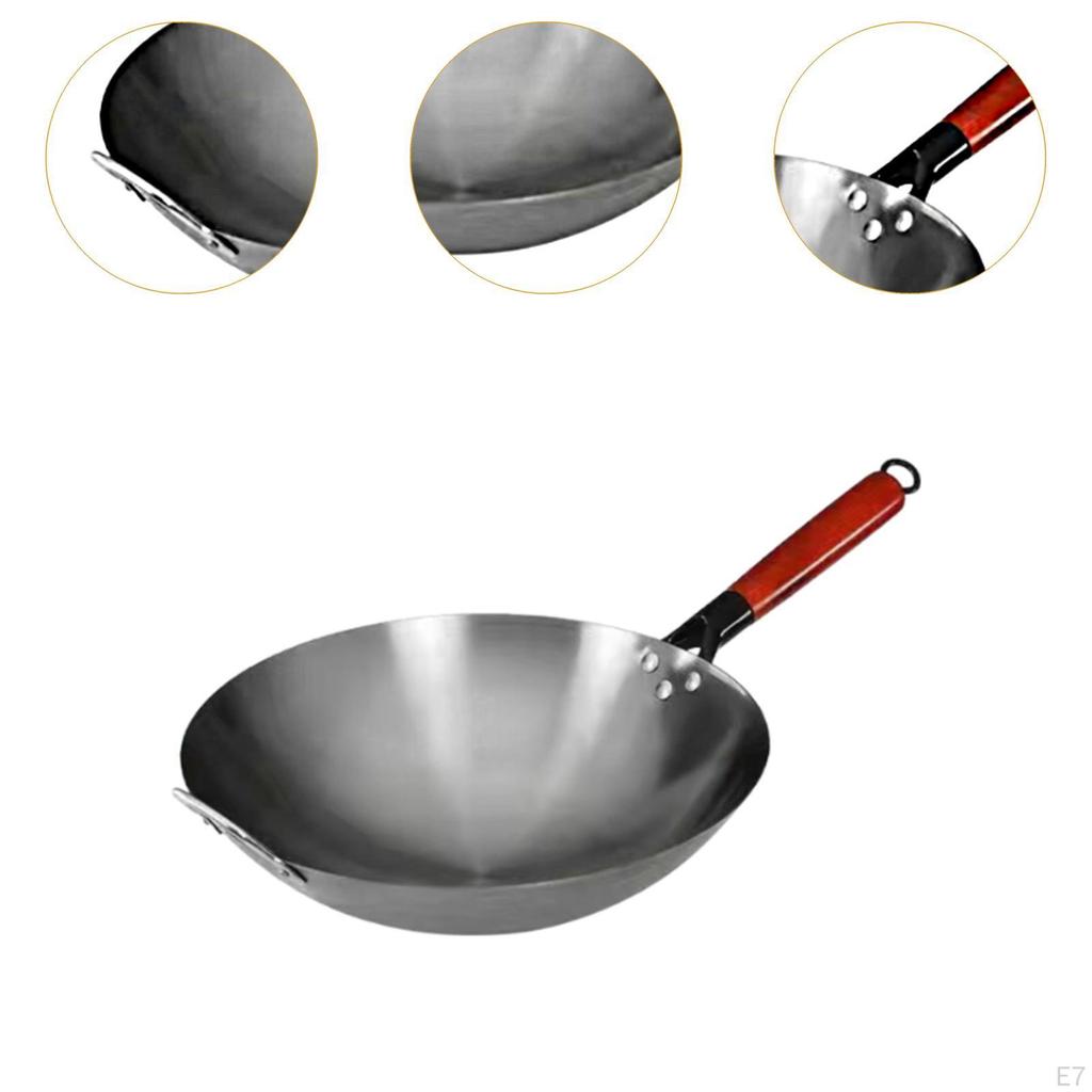 Wok chino con mango de madera para cocina de inducción, sartén manual de hierro forjado sin revestimiento