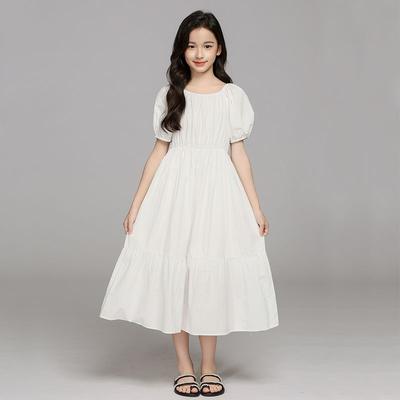 Girls' Fashion Minimalist White Dress Summer Children's Elegant Waist-Defining Cotton Bubble Sleeve Dress