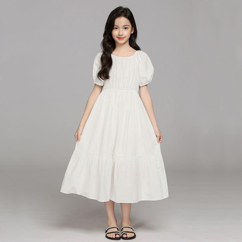 Девичье Модное Минималистичное Белое Платье Летнее Детское Элегантное Подчеркивающее Талию Хлопковое Платье с Рукавами-Буфами 120 белый