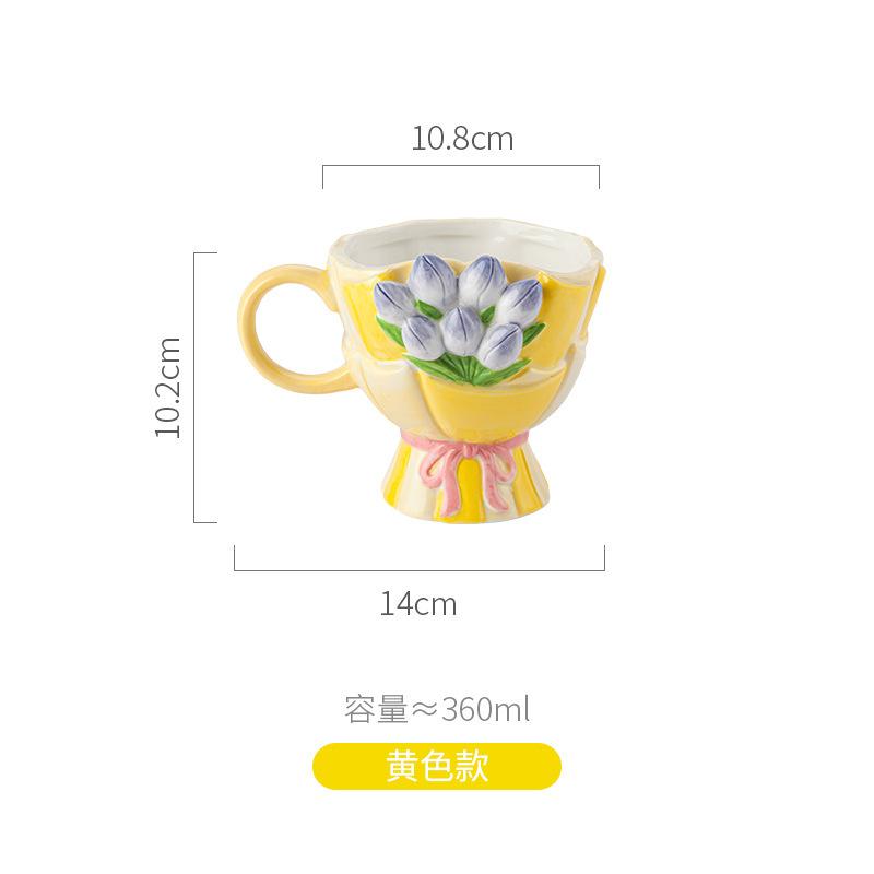 Three-dimensional Relief Tulip Ceramic Coffee Cup Embossed Flower Bouquet Mugs Mugs Coffee Cups Afternoon Tea Accessories