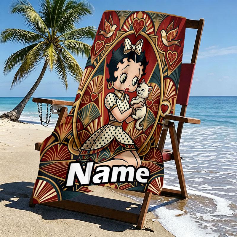 Custom Name Personalized Betty Boop Print Beach Towel, for Trip Camping Beach Party Home Decor, Birthday Gift for Family & Friends