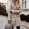 Damen Winter Herbst Mantel Umlegekragen Karomuster Zweireihig Lange Ärmel Dicke Mittellange Jacke für Dating Pendeln Büro