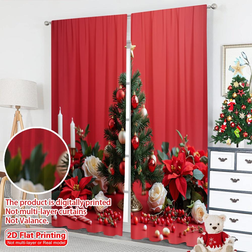 2pcs 2D Flat Printing Merry Christmas Popular Drapes Christmas Poinsettia Roses Candles Polyester Without Electricity Birthday