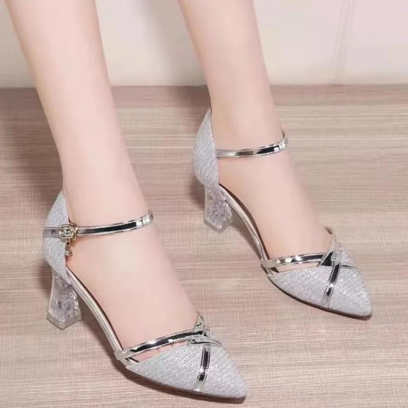 Fashion Sexy Gold Women Sandals Party High Heels Slip-On Solid for Ladies Quality Wedding Party Nightclub Sequin Buckle Shoes for Women