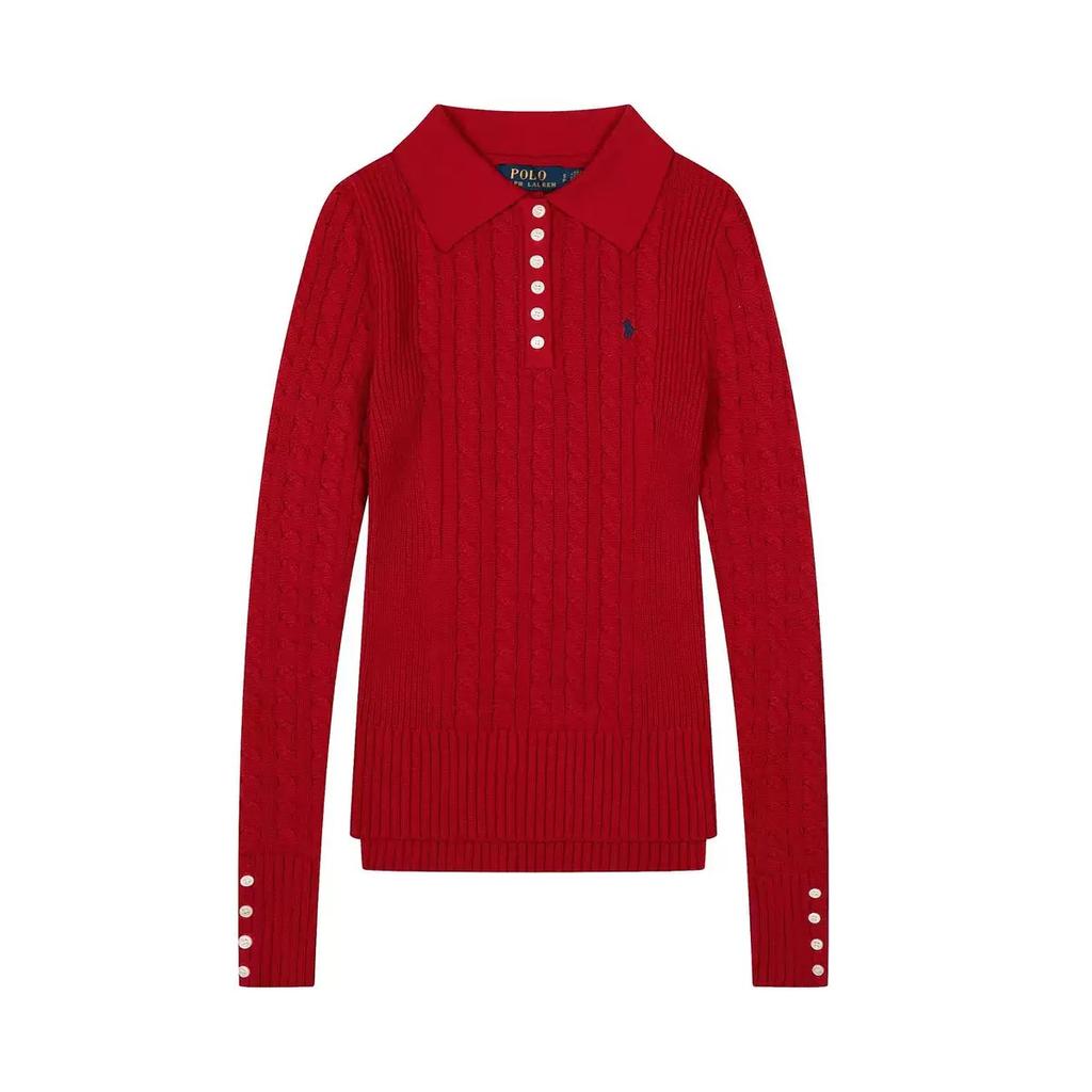 Ribbed Knit Sweater with Buttons for Women, Polo Collar, Long Sleeve Pullovers, Chic Tops, Female Fashion