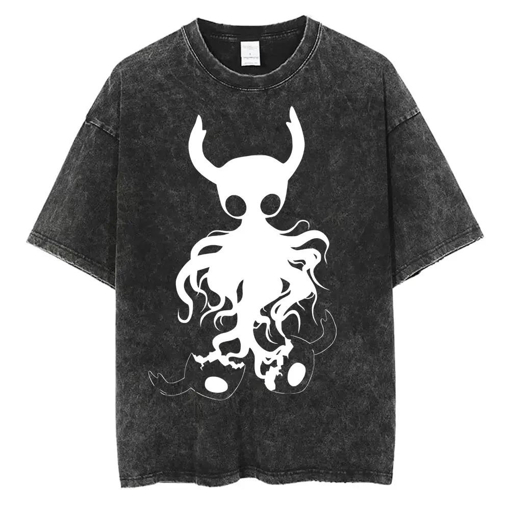 Magliette Hollow Knight Stampa Vintage Lavata Magliette Regali per Fan Uomo Donna Top Moda Casual Manica Corta Oversize