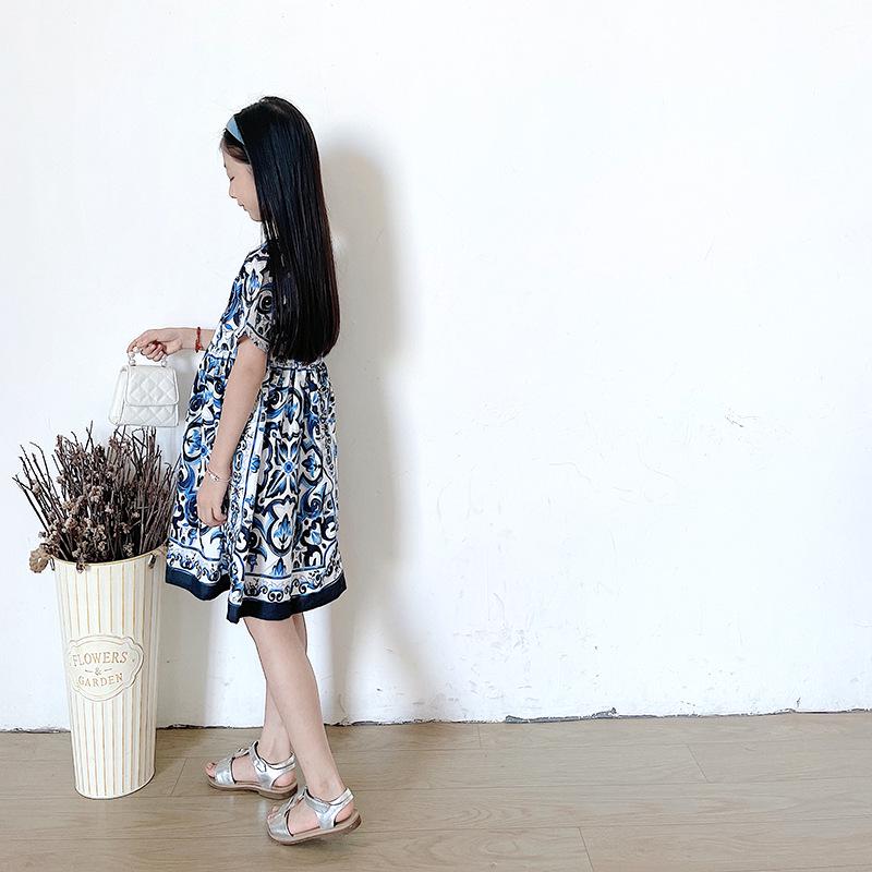 2025 European & American Style Blue & White Porcelain Spaghetti Strap Sleeveless Dress for Girls