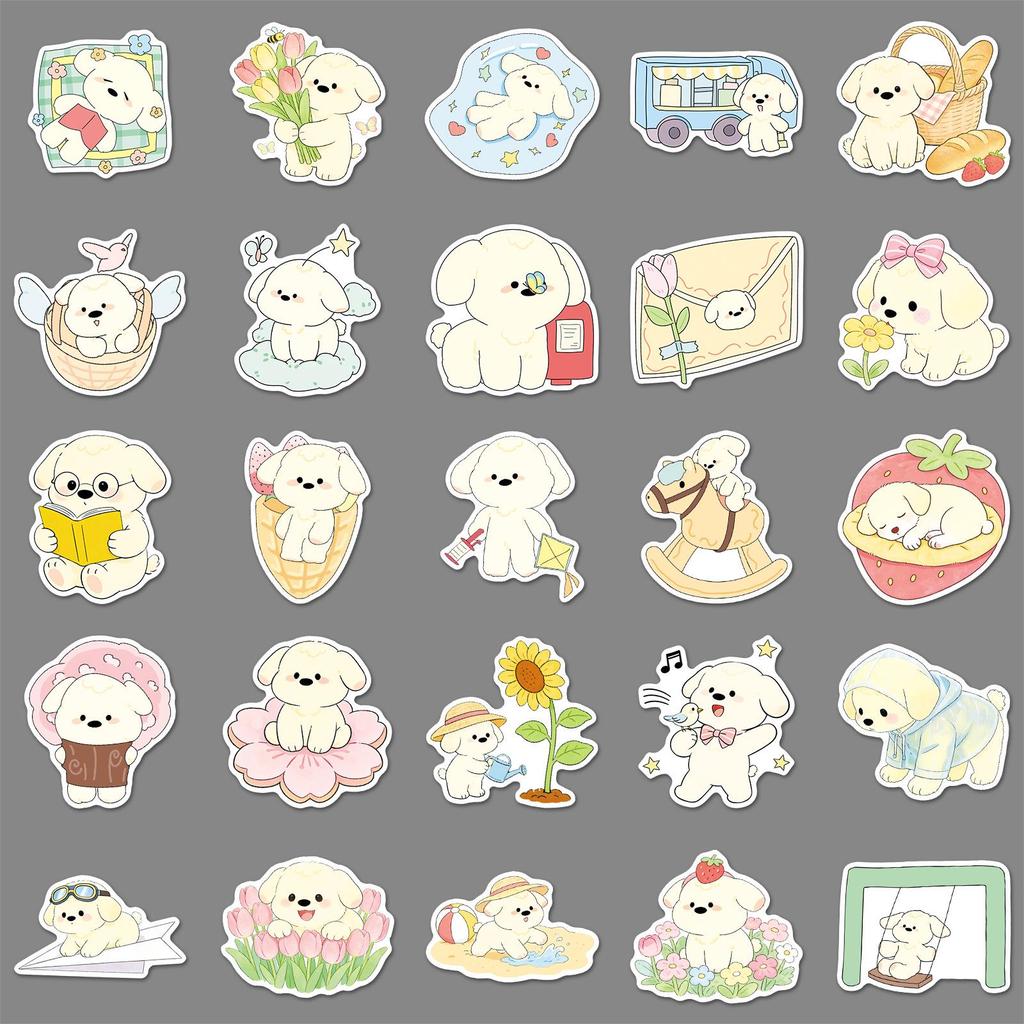 52 Cute Hand-Painted Spring Puppies Stickers - Waterproof Pet & Heart Decorations for Milk Tea Cups