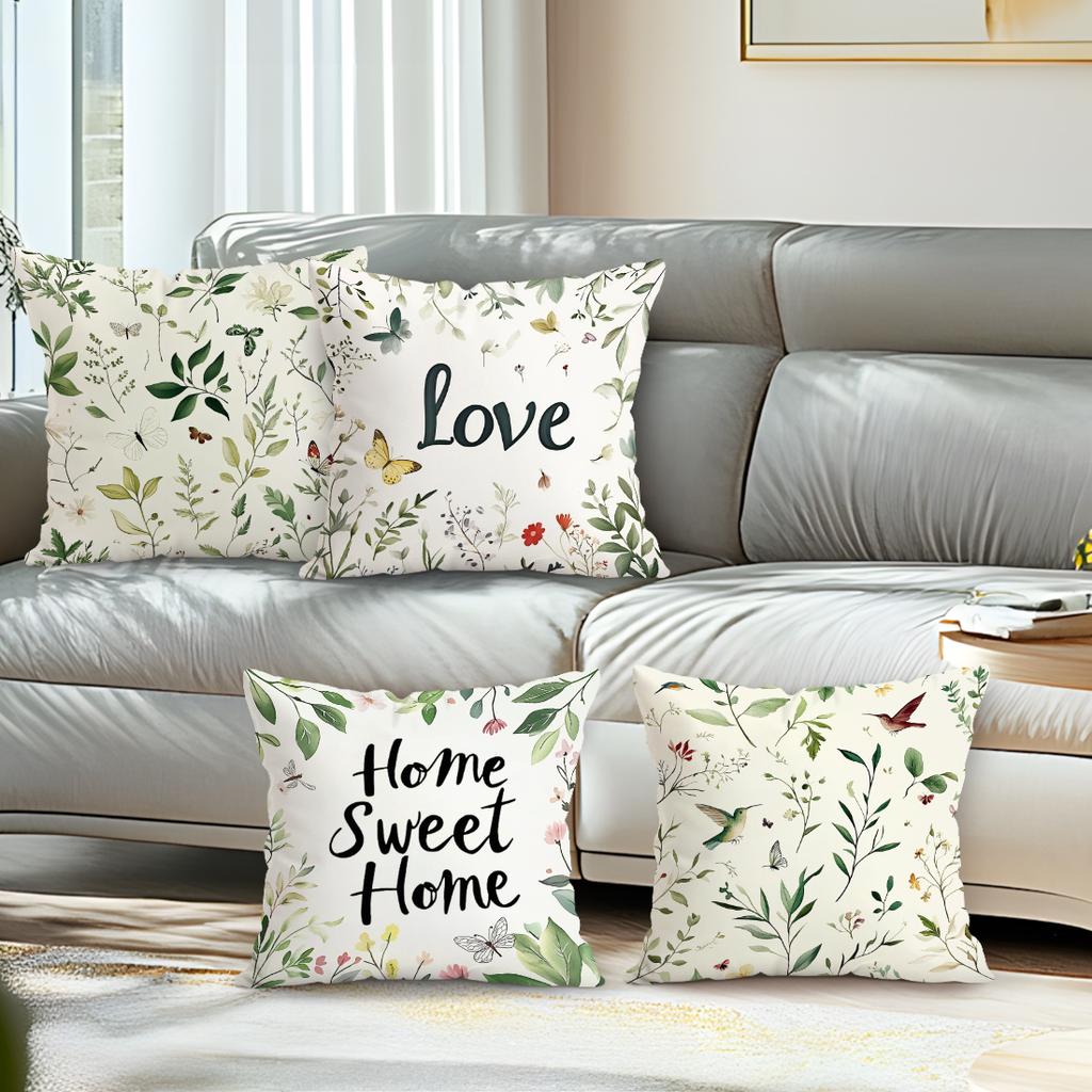 4 Pcs Country-Style Floral Plants Single-Sided Printed Pillowcase Cushion Cover,Suitable For Living Room,Bedroom,Car Decoration