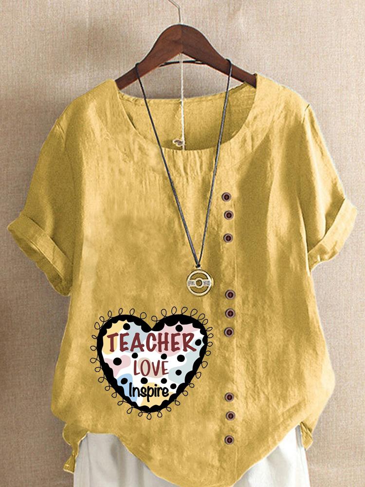 Women's Fashion Love Letter Print Shot Sleeve T-shirt Loose Cotton Shirt Casual Loose Summer Blouse Tops Plus Size