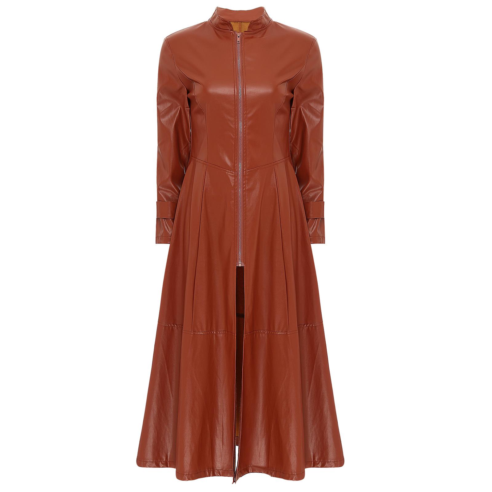 Stilvolle Damen-Ledertrenchcoat mit Stehkragen, durchgehendem Reißverschluss, lang S braun