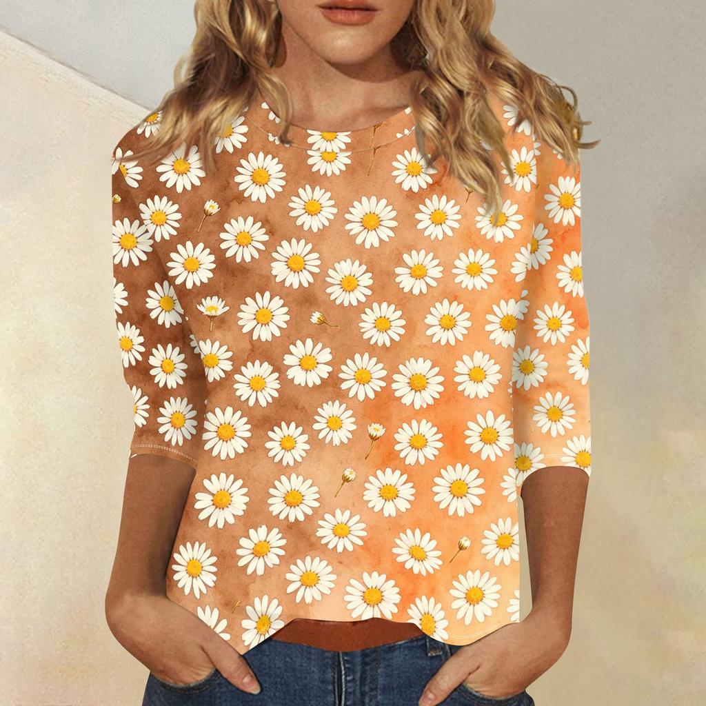 Women Casual Floral Print Three Quarter Sleeve Round Neck Shirt Lightweight Comfortable Top for Everyday Wear