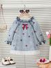 Girls Embroidered Denim Dress Ruffled Collar Bow Design Hollow Lace Hem Cute Casual Durable Soft Fabric Breathable for All Seasons Occasions