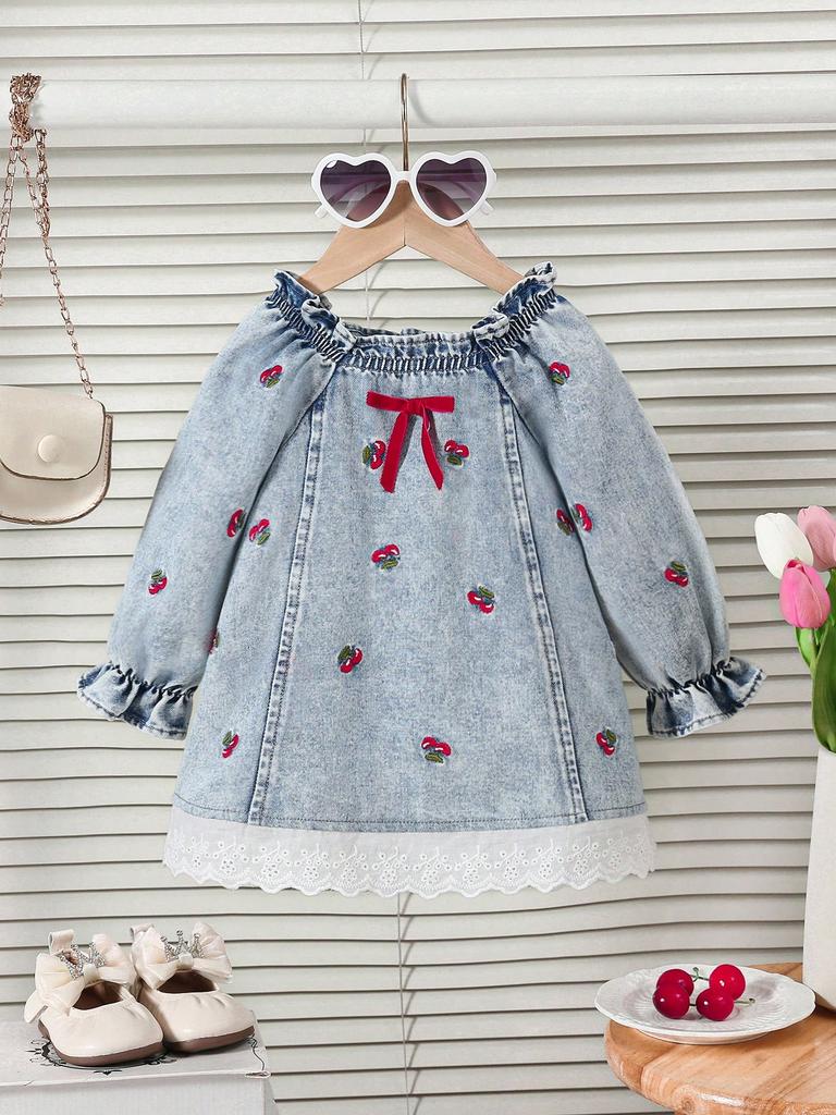 Girls Embroidered Denim Dress Ruffled Collar Bow Design Hollow Lace Hem Cute Casual Durable Soft Fabric Breathable for All Seasons Occasions
