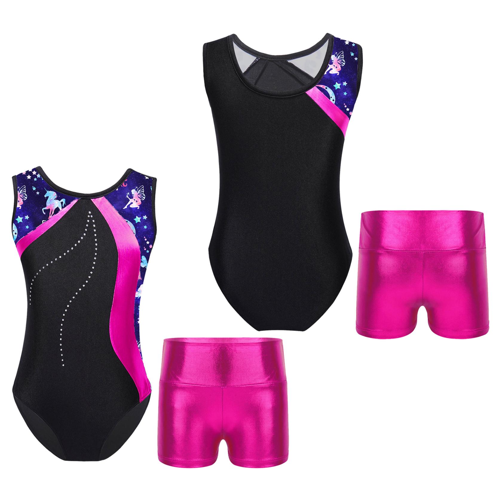 

Детский лоскутный купальник без рукавов для девочек с металлизированными шортами с высокой талией, комплекты для танцев, катания на коньках, гимнастический комбинезон 7-8 Years ярко-розовый