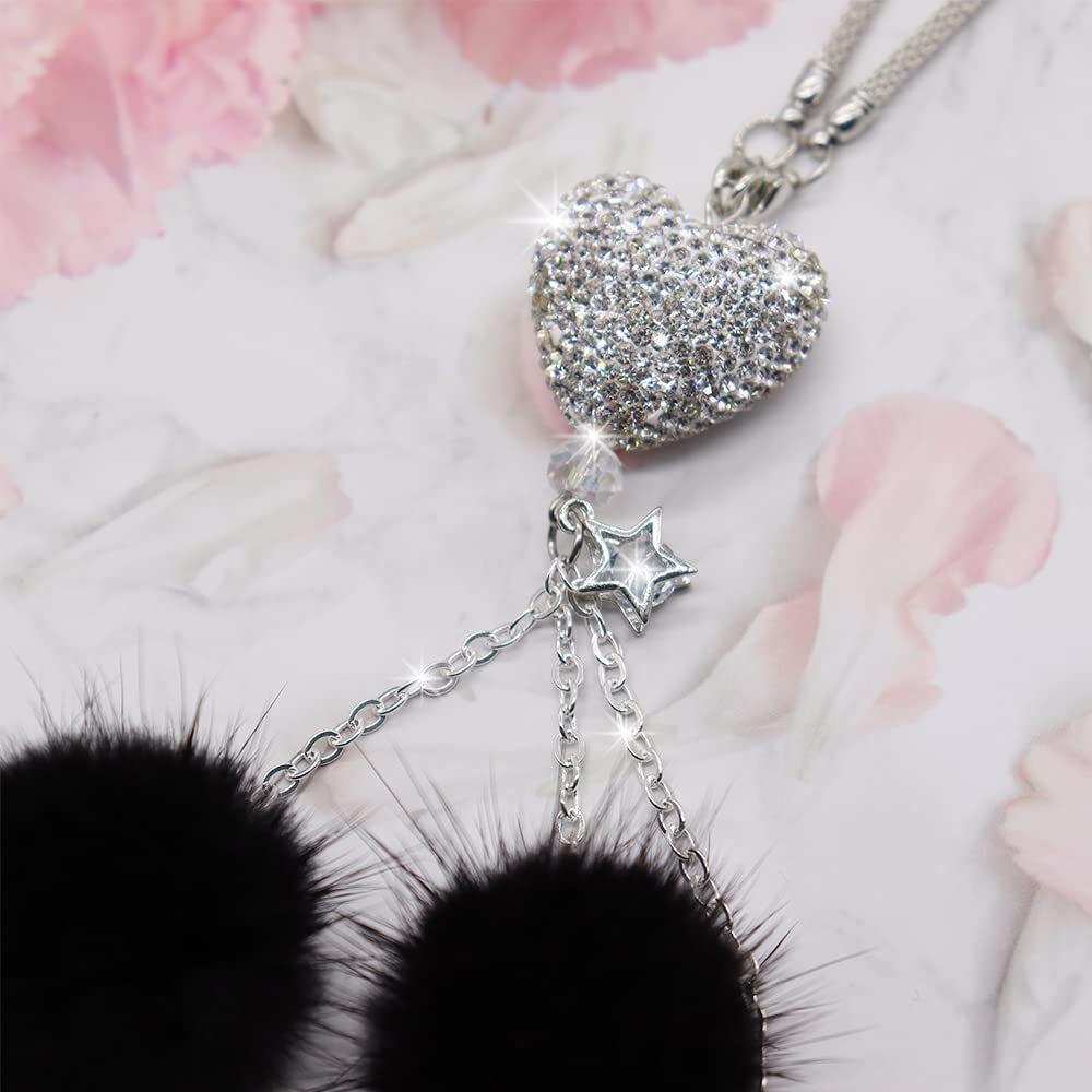 Bling Car Mirror Accessories for Women Men Love Heart and Pink Plush Ball Rinestones Car Accessories Car Rear View Mirror Charms