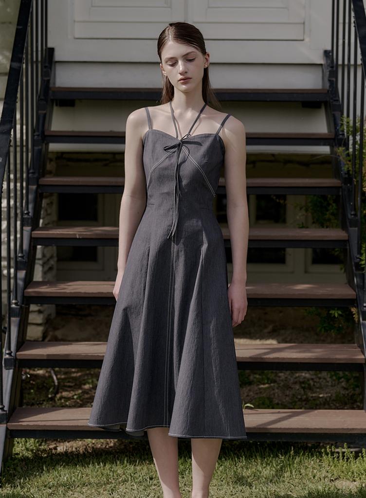 Peulomdeimomeonteu Ribbon Strap Denim Bustier Dress _Grey