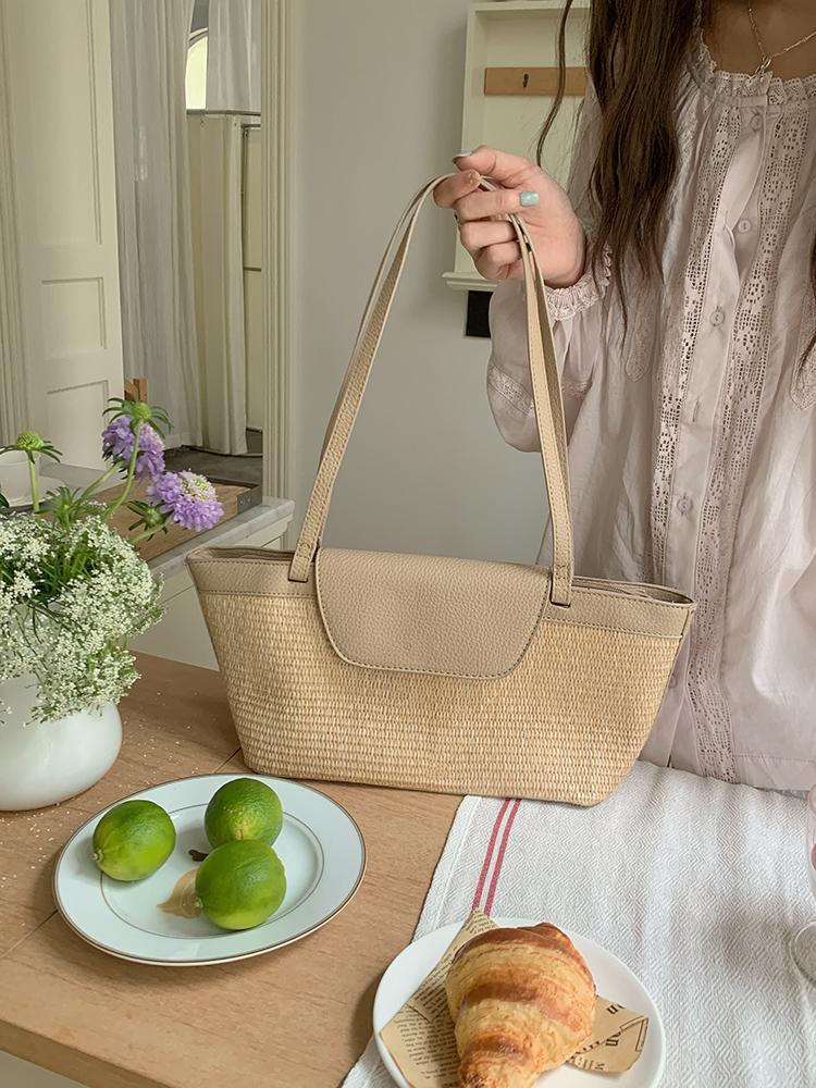 Retro Vacation Beach Straw Shoulder Bags for Women Casual Elegant Ladies Woven Armpit Tote Bag Simple Patchwork Female Handbags