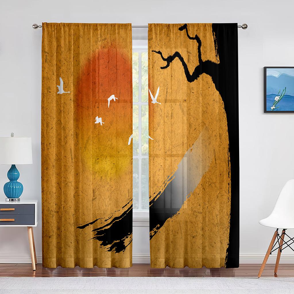 Birds On Branch Cherry Blossom Ink Painting Tulle Voile Curtains for Bedroom Window Curtain for Living Room Sheer Curtain Drapes