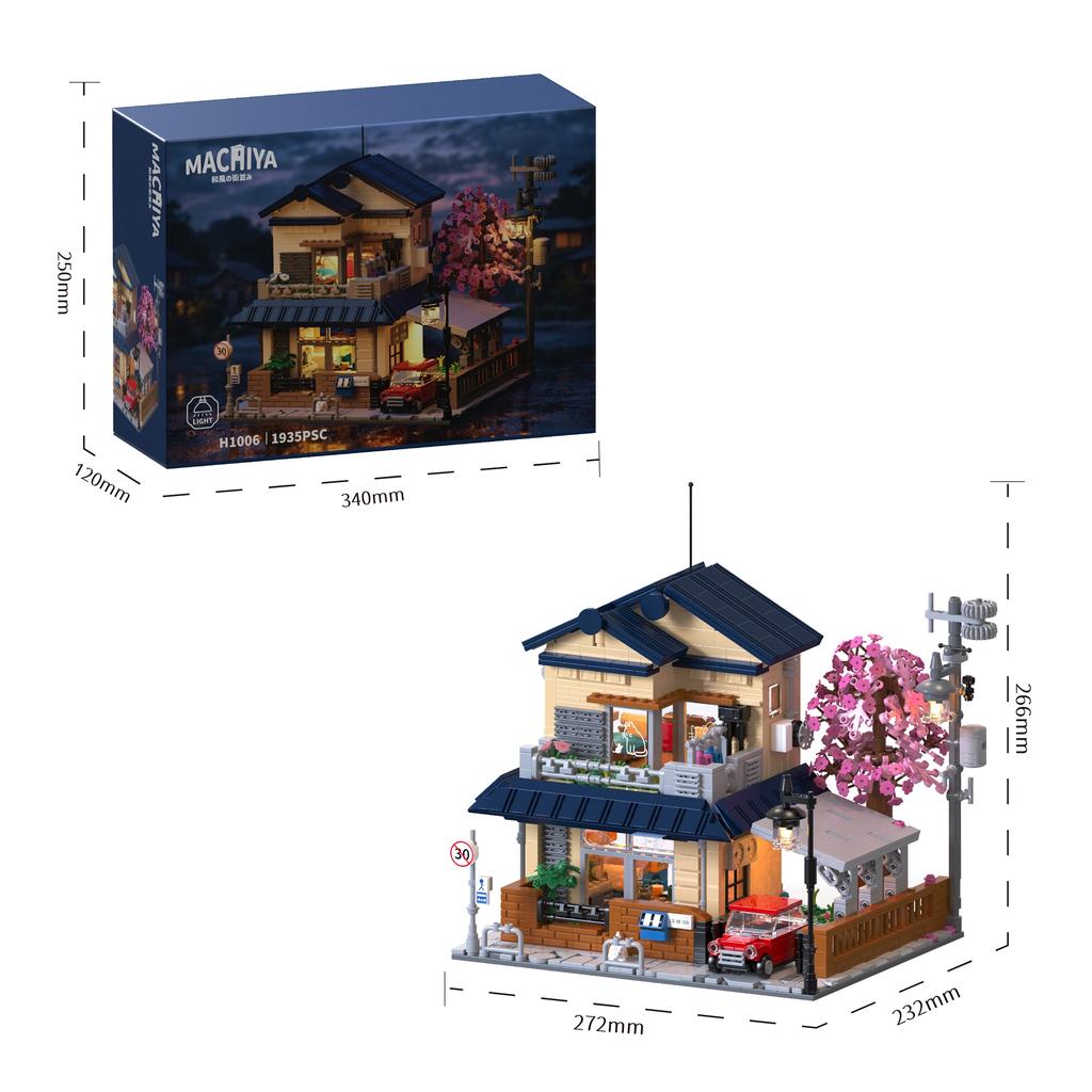 1935Pcs Cherry Blossom Villa Street Scene With Lights Building Blocks Set, House Assembly Toy, Desktop Ornament, Birthday Gift