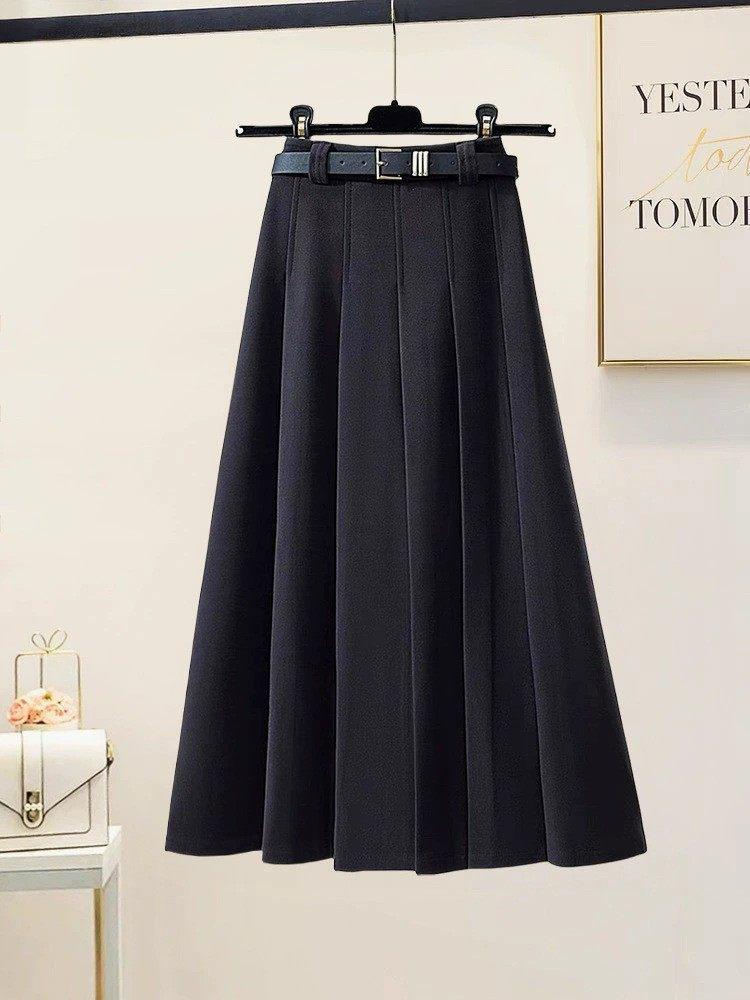 

Women s Plus Size High Waist Woolen A-line Pleated Skirt - Spring/Autumn Mid-length Skirt 3X-Large чёрный