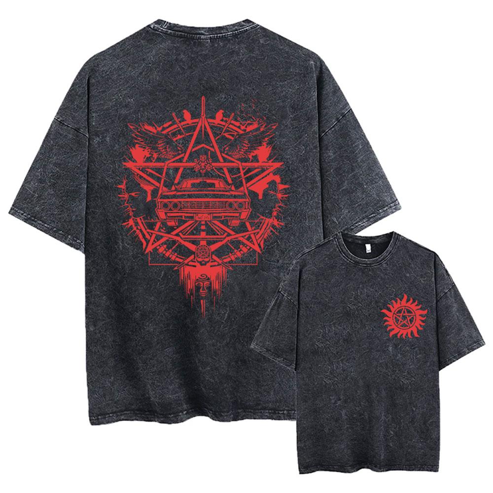Hot Sale Supernatural Vintage Washed T-shirt Men Women Casual Retro Cotton T Shirts Unisex Casual Oversized T-shirts Streetwear