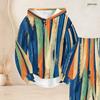 Women Plus Size Blue Pink White Printed Two Piece Set Long Sleeve Hooded Top Cuffed Pants