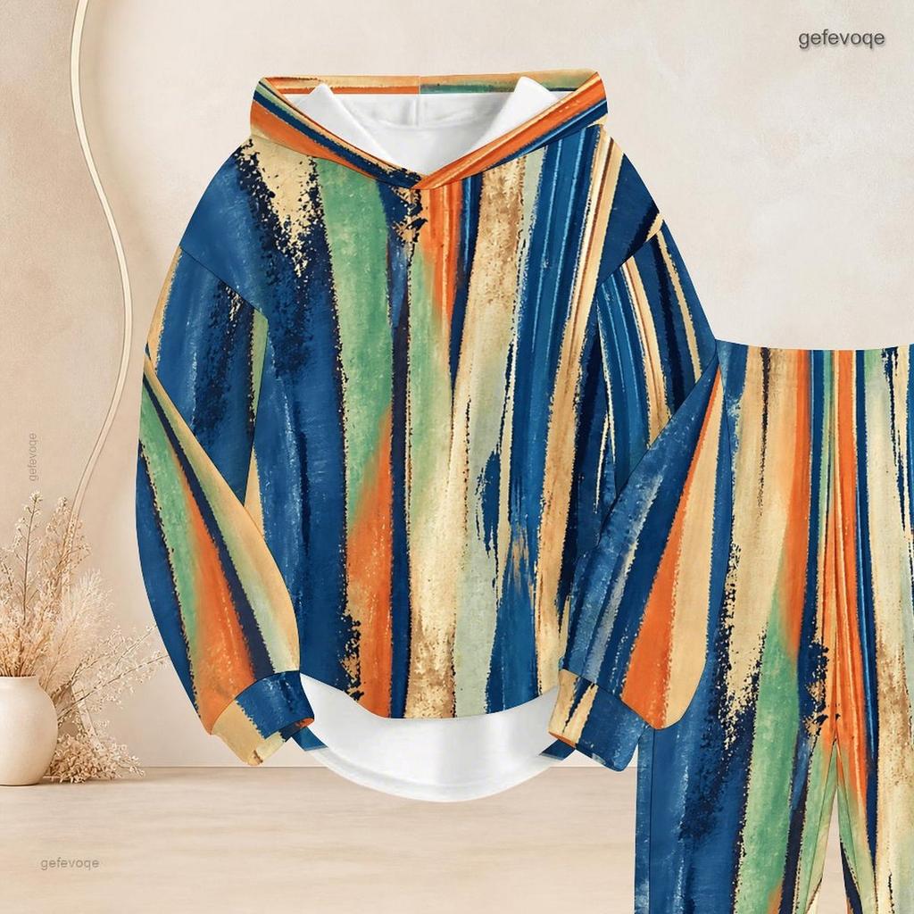 Women Plus Size Blue Pink White Printed Two Piece Set Long Sleeve Hooded Top Cuffed Pants