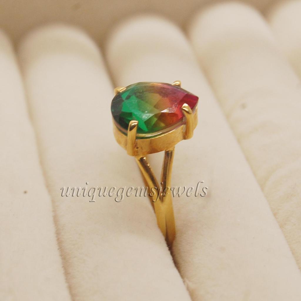 Pink Green Watermelon Tourmaline Quartz 925 Sterling Silver Ring, 18K Rose Gold, 18K Yellow Gold Ring, Split Band Signet Zodiac Jewelry