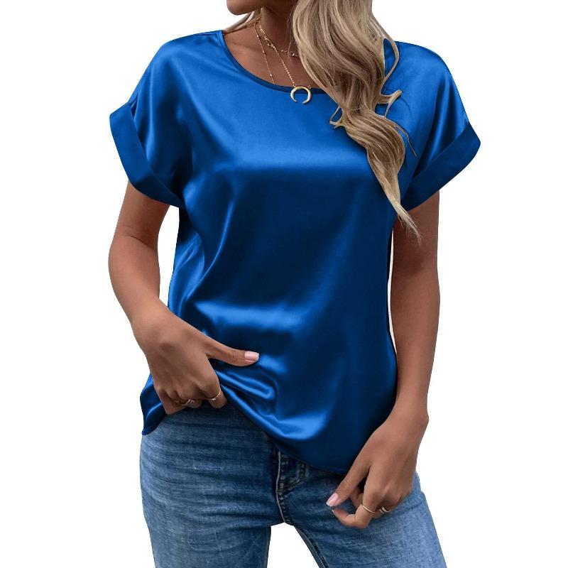 Spring and Summer New Women's Short-sleeved Satin Shirt Loose Casual Round Neck Satin T-shirt Women
