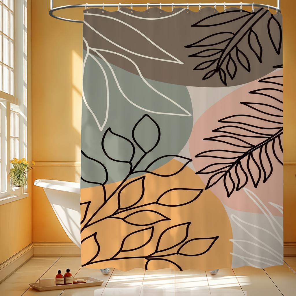 1 Modern Leaf Pattern Shower Curtain - Polyester, Machine Washable, With Colorful Leaves, Hook Included, Polyester Fabric